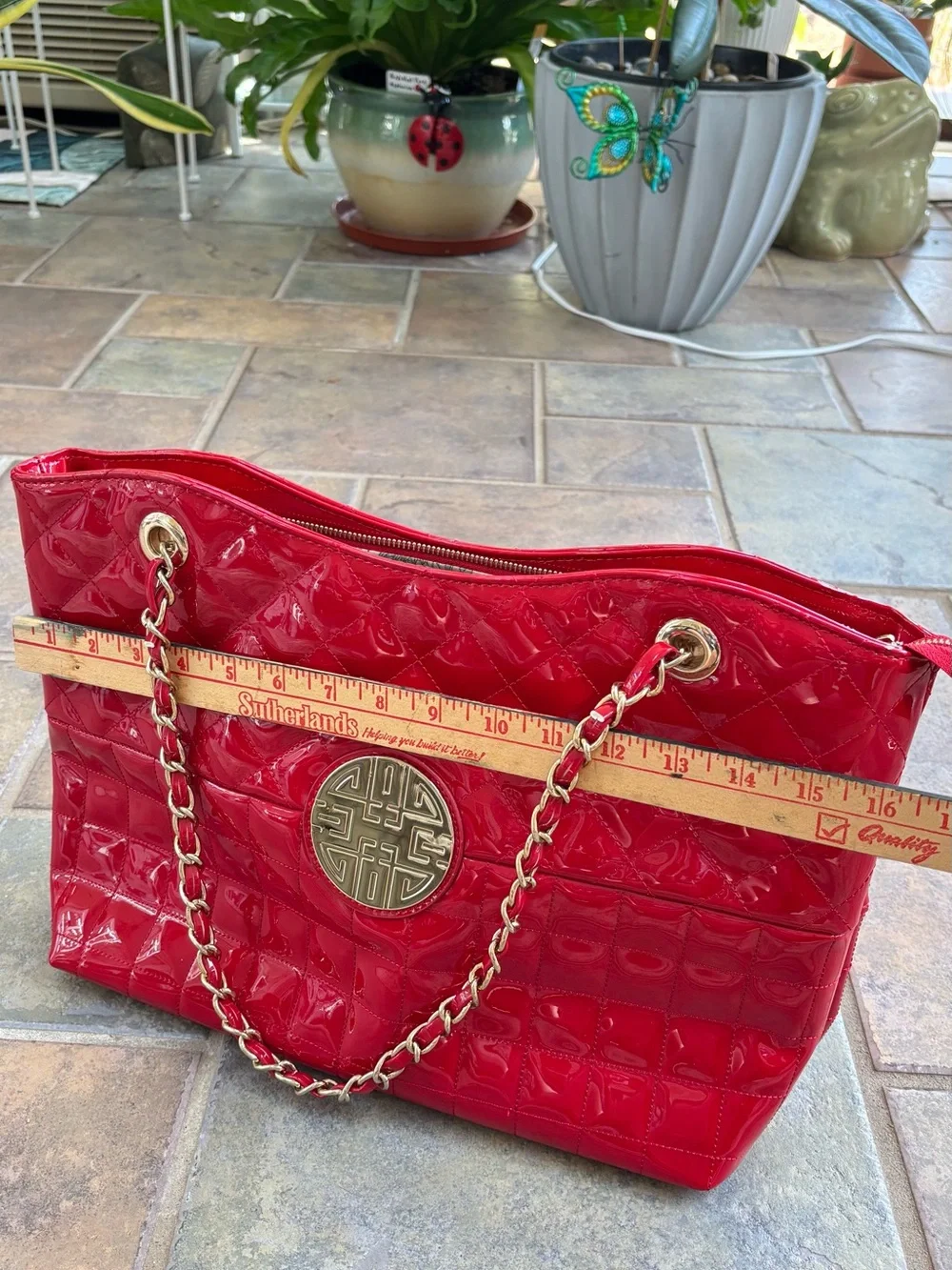 Red Quilted Patent Shoulder Tote with Gold Emblem